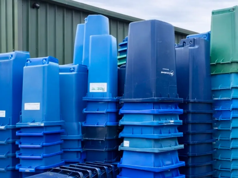Stacks of blue and green plastic bins and crates outside a warehouse